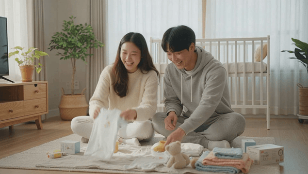 Newlywed couple preparing baby clothes in a cozy living room