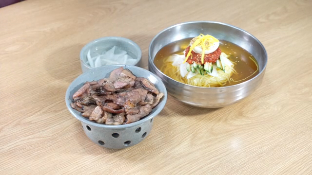 Korean Cold Buckwheat Noodles and grilled meat