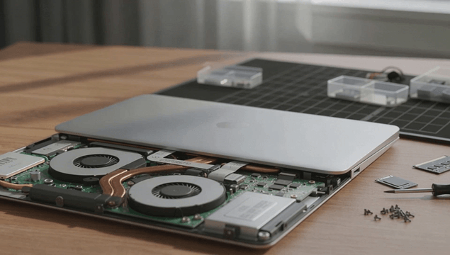 Laptop disassembled on a wooden desk