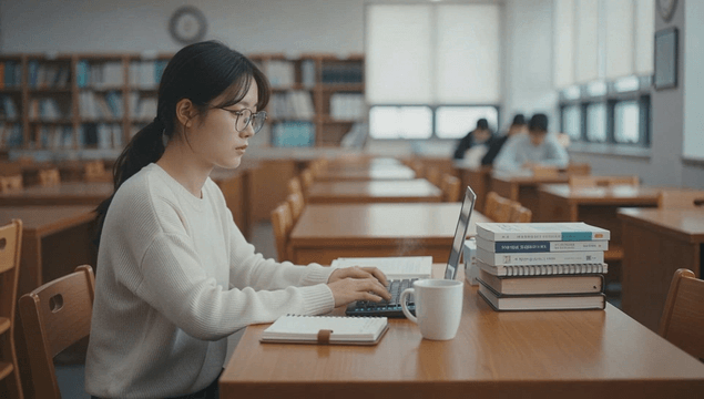 College student studying quietly in library