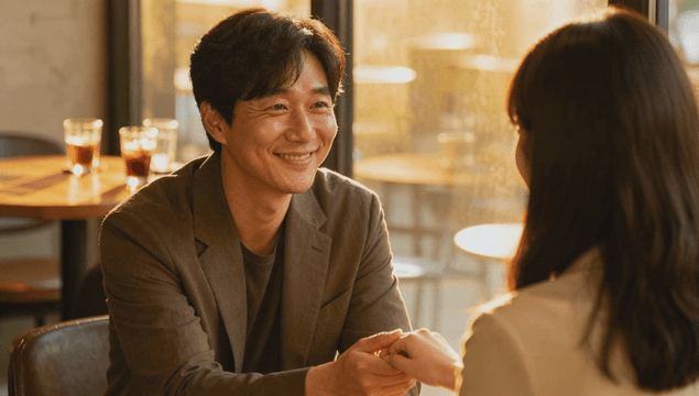 Couple holding hands in a cozy cafe