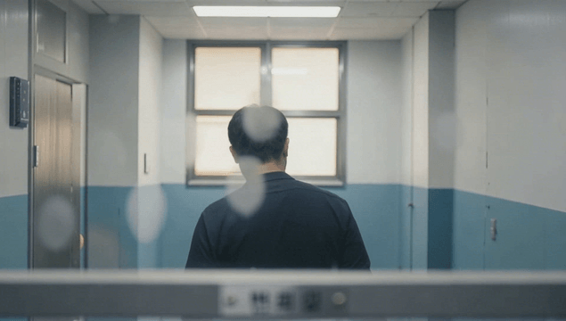 Man leaving visitation room with a firm expression