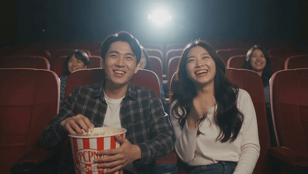 Couple smiling brightly while watching a movie in the theater