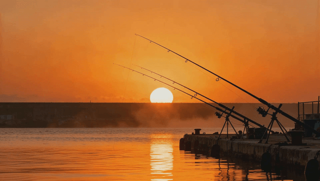 Fishing rod against sunset at sea