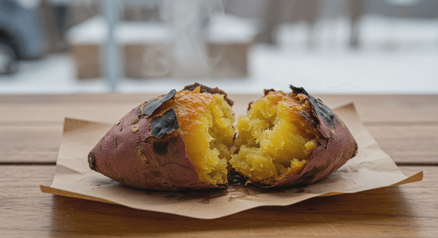 Steaming roasted sweet potato on a table