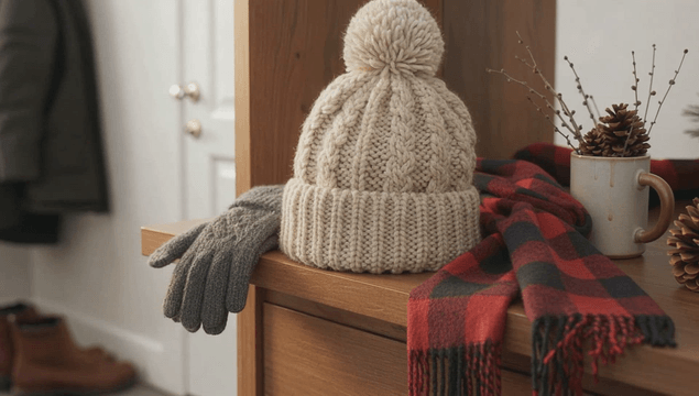 Winter accessories on a wooden shelf by the home entrance