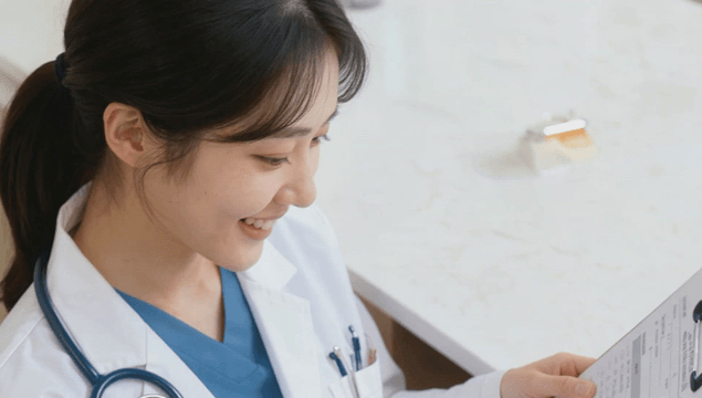 웃으며 의료 문서를 검토하는 의사