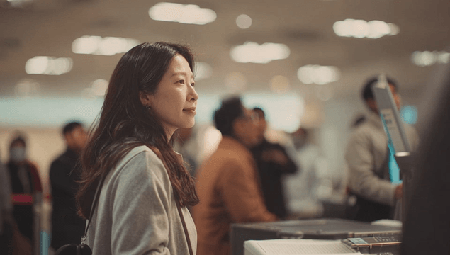 A woman waiting in a busy indoor area