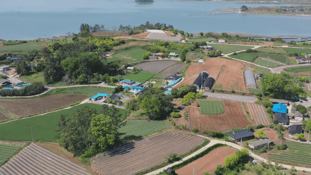 Scenic rural village with fields and a lake