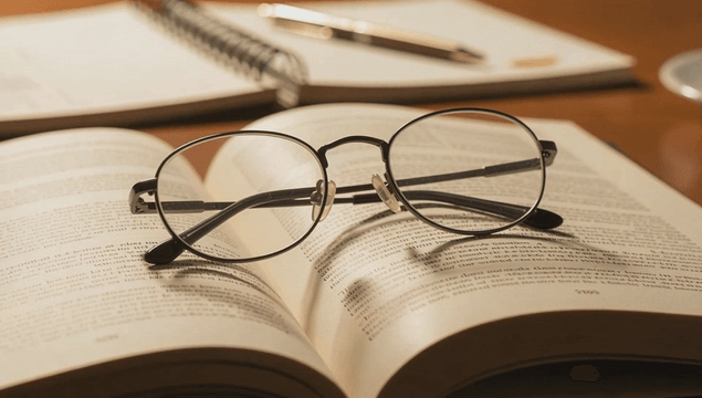Glasses placed on book under lighting