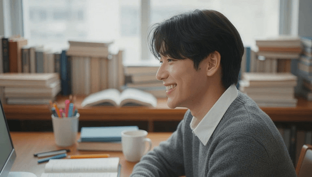 Young man smiling brightly while studying at a monitor desk