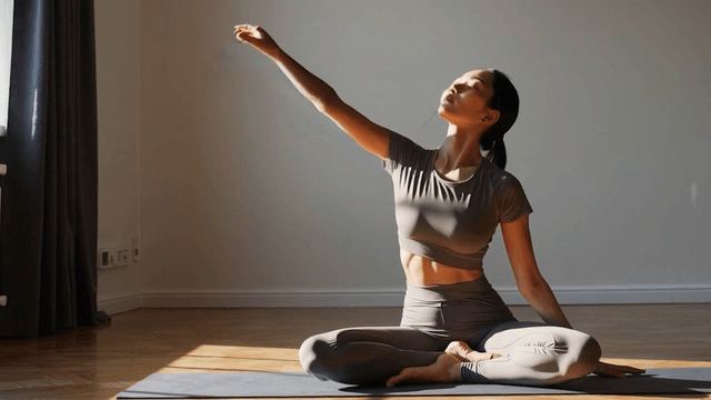 A woman practicing yoga indoors