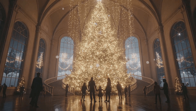 큰 크리스마스 트리가 있는 대형 홀