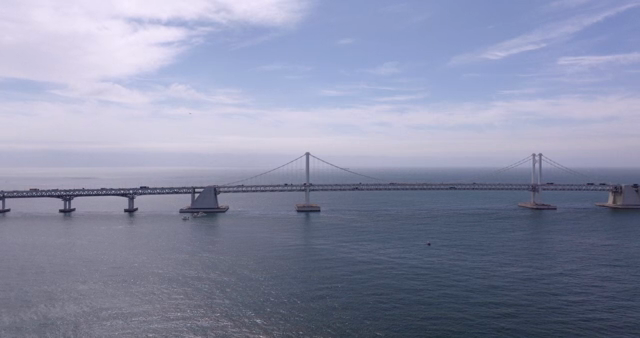 A bridge over a calm sea with city skyline