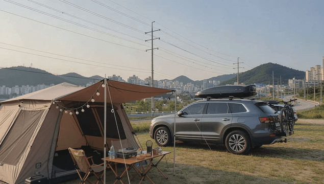 Auto camping site near village mountains