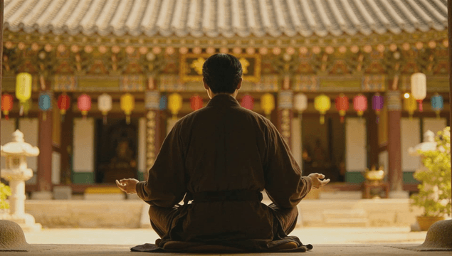 Man meditating at traditional temple from behind