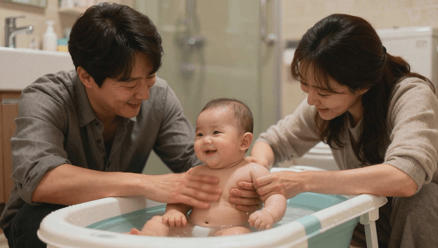 Parents bathing a baby in the bathtub