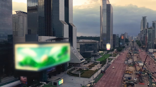 Busy city street with skyscrapers