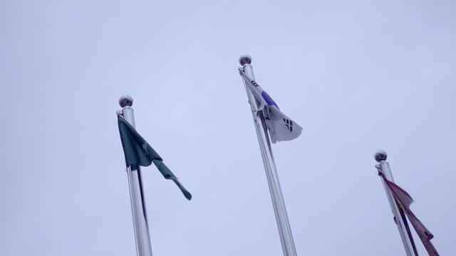 높은 깃대에 펄럭이는 깃발