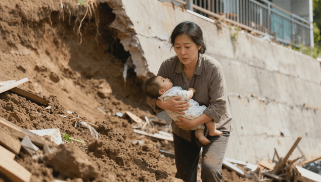 Mother escaping landslide danger while holding child