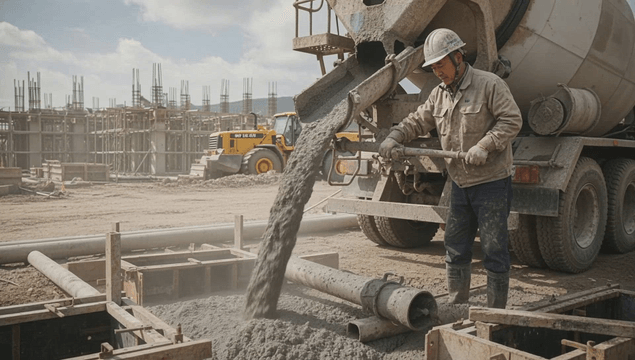 건설 현장에서 레미콘에서 콘크리트를 붓는 작업자