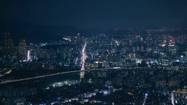A bustling cityscape at night