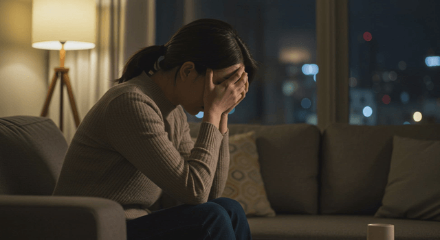 Woman sitting on a sofa holding her face in distress