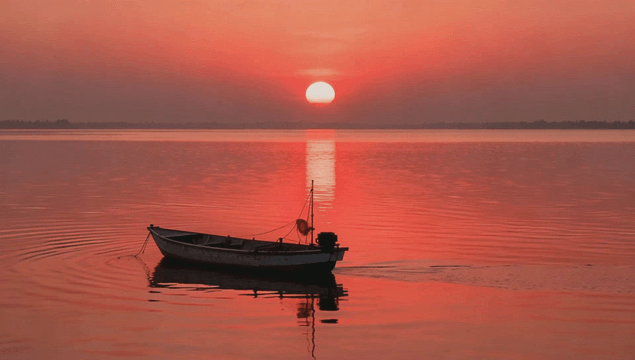 해질녘 고요한 바다 위의 보트