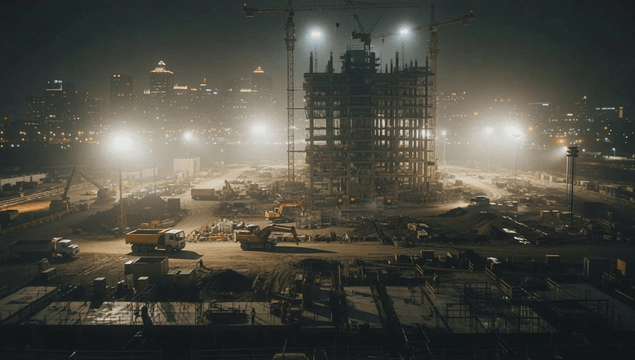 크레인이 있는 야간 건설 현장