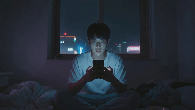 Man using a smartphone at night