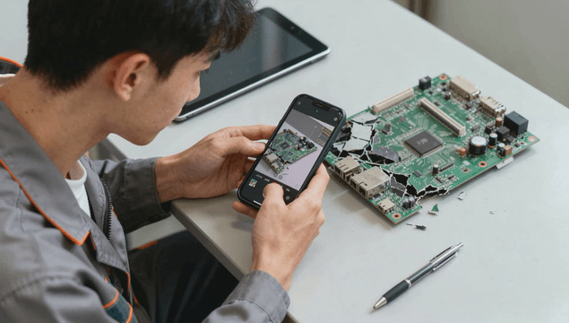 Technician photographing broken circuit board with smartphone