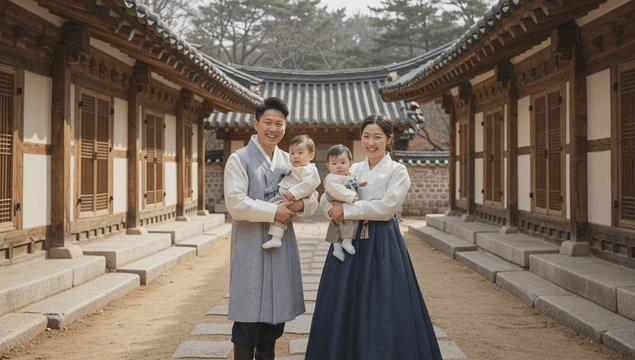 Family in traditional Korean attire