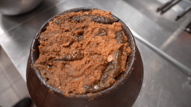 Jar containing chili aged in traditional Korean soybean paste