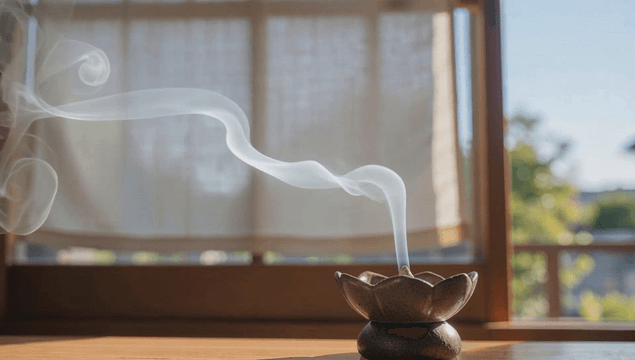 Traditional censer emitting smoke in peaceful room