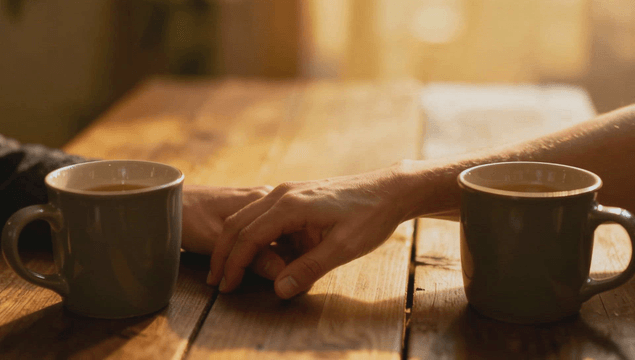 커피를 마시며 손을 잡고 있는 두 사람