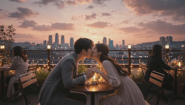 Romantic rooftop kiss in evening city