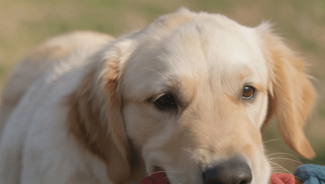 Golden retriever playing tug on the lawn
