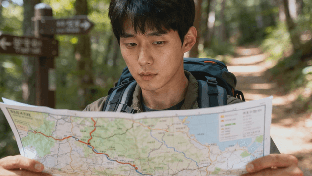 Young man reading a map on a hiking trail