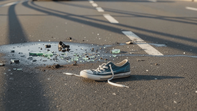 Abandoned shoe and shattered glass on roadway