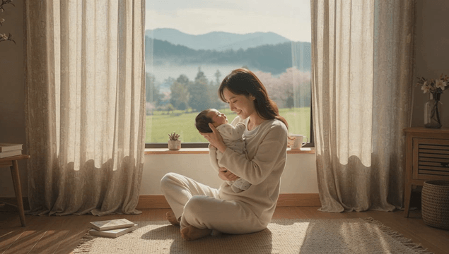 Mother holding a newborn by the window overlooking distant forests and mountains