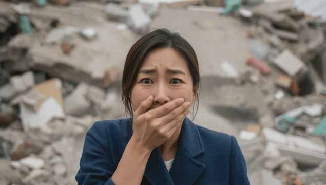 Woman shocked amid collapsing building debris