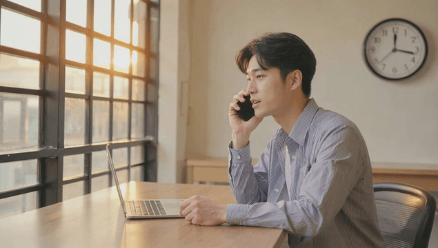 Young man talking on the phone at a desk with a laptop