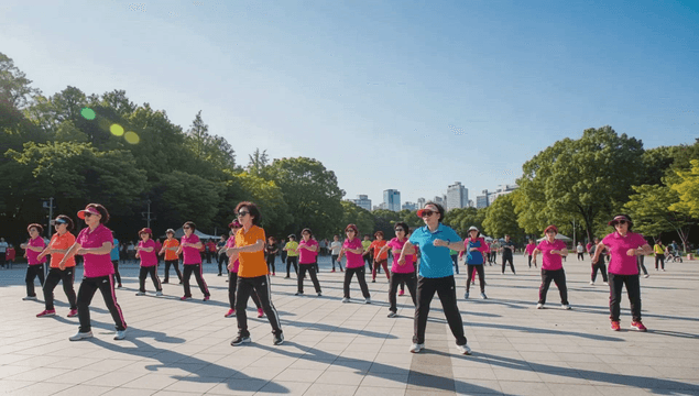 공원 광장에서 다같이 체조하는 할머니들
