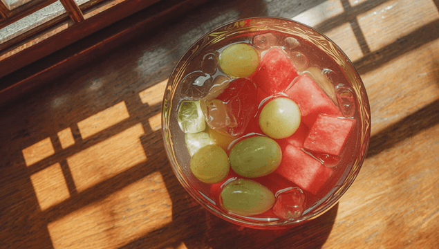 A refreshing fruit punch with ice cubes