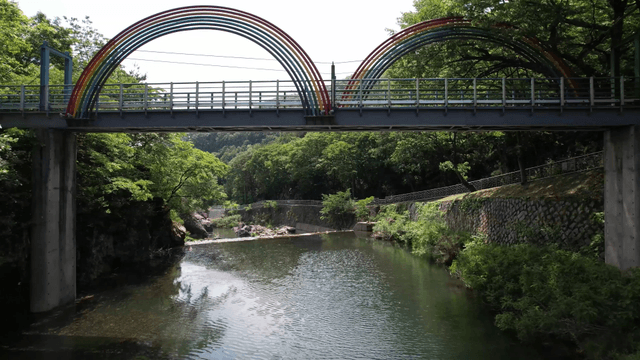 숲 속의 고요한 강 위의 다리