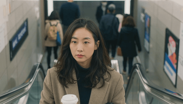 Office worker holding warm coffee on escalator