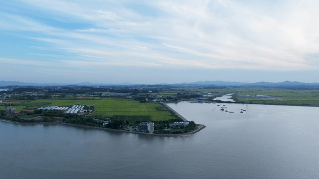 Scenic view of fields and water