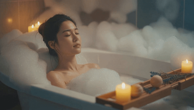 Young woman enjoying a hot bubble bath with candles