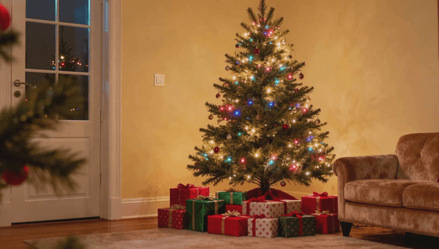 아늑한 방의 크리스마스 트리와 선물