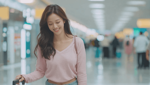 A woman smiling while walking in an airport
